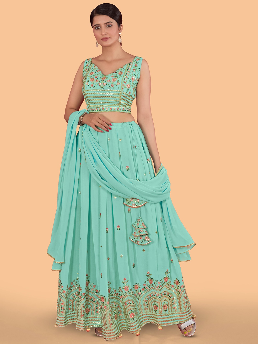 

CHANSI Embroidered Thread Work Ready to Wear Lehenga & Blouse With Dupatta, Sea green