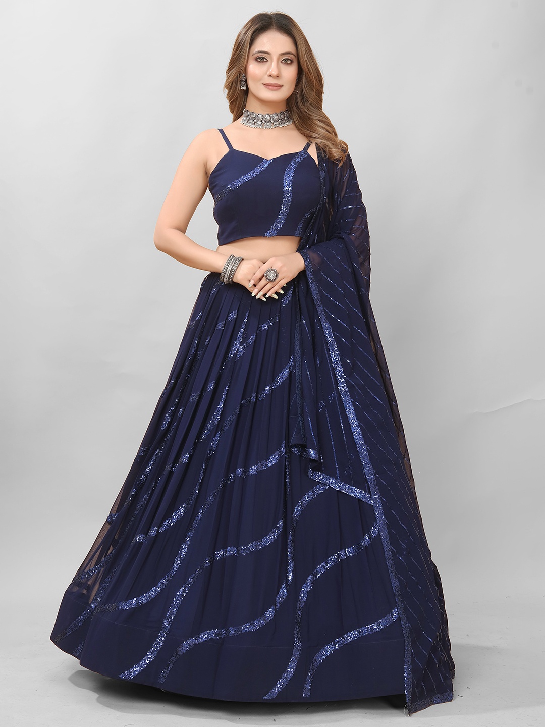

CHANSI Embroidered Ready to Wear Lehenga & Blouse With Dupatta, Navy blue