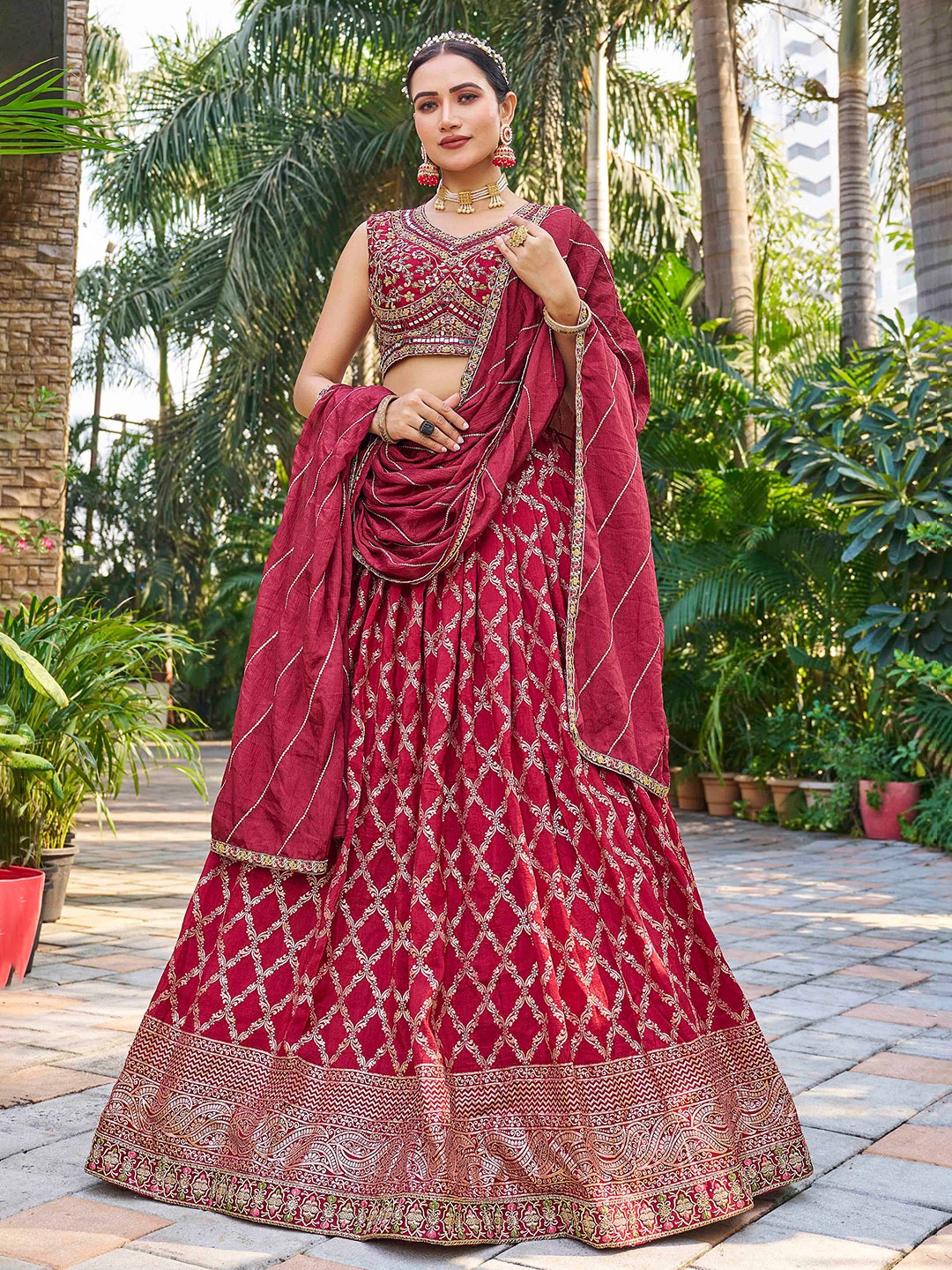 

CHANSI Embroidered Thread Work Ready to Wear Lehenga & Blouse With Dupatta, Maroon