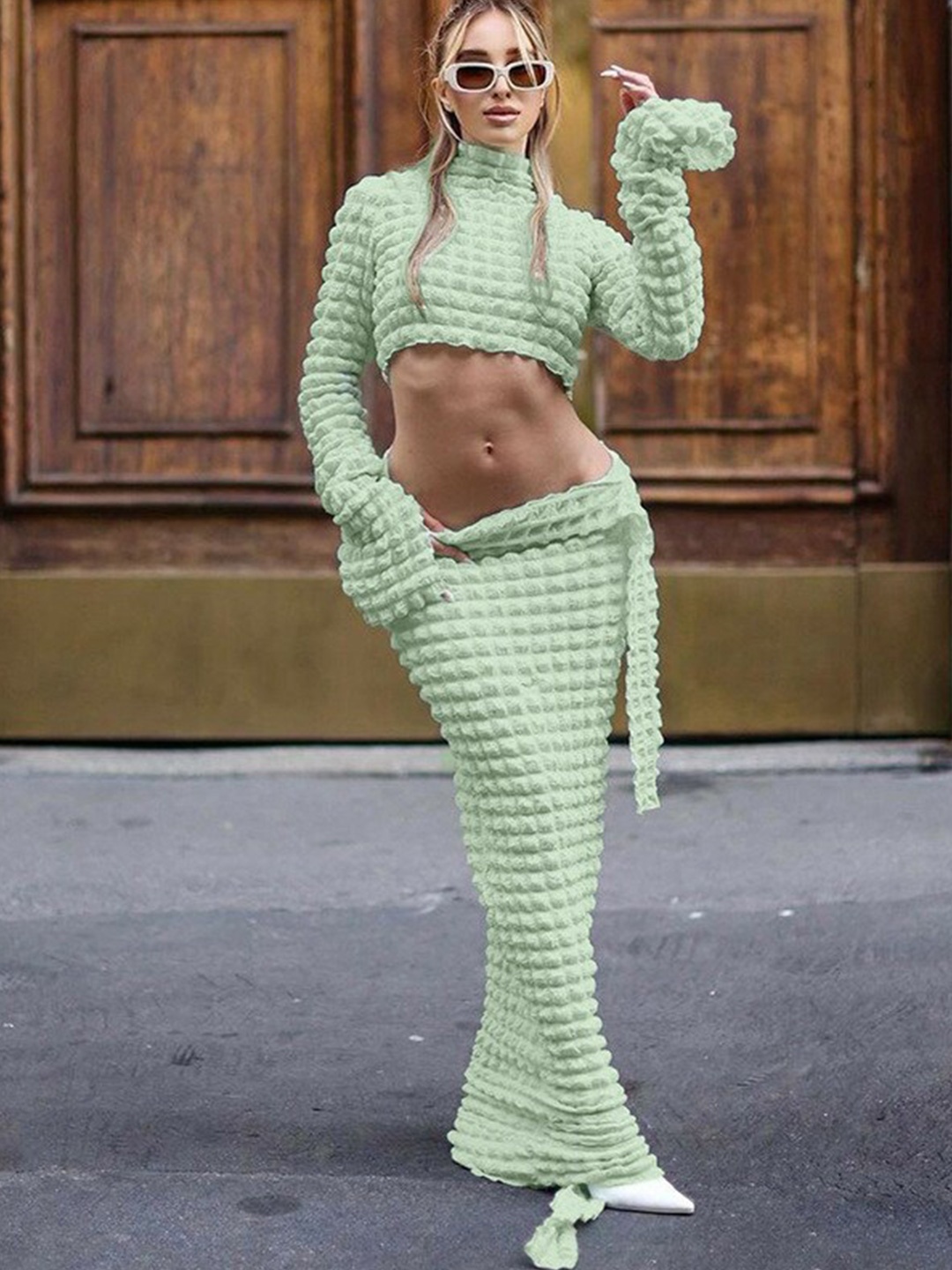

StyleCast Green Self Design Top & Skirt Co-Ords Set
