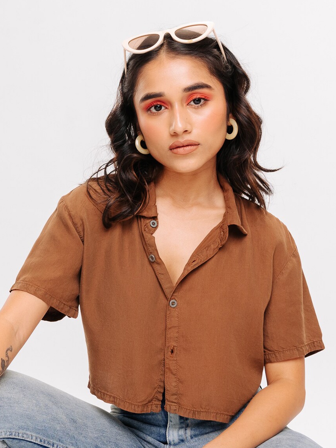 

FREAKINS Spread Collar Pure Cotton Crop Shirt, Brown