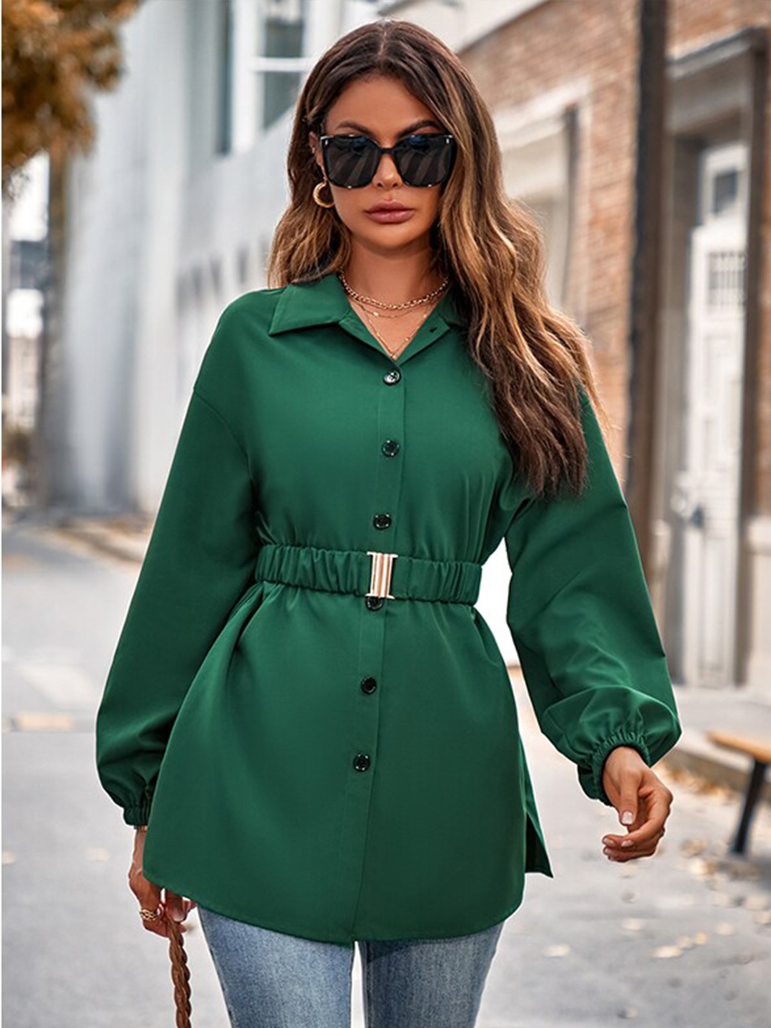 

StyleCast Green Cuffed Sleeves Oversized Casual Shirt