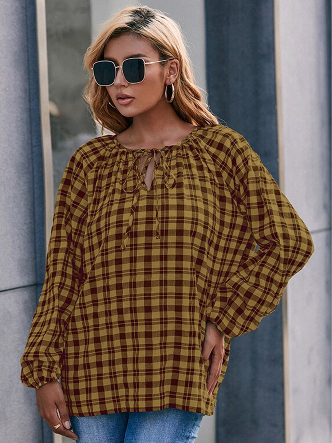 

StyleCast Yellow Checked Tie-Up Neck Cuffed Sleeves Top