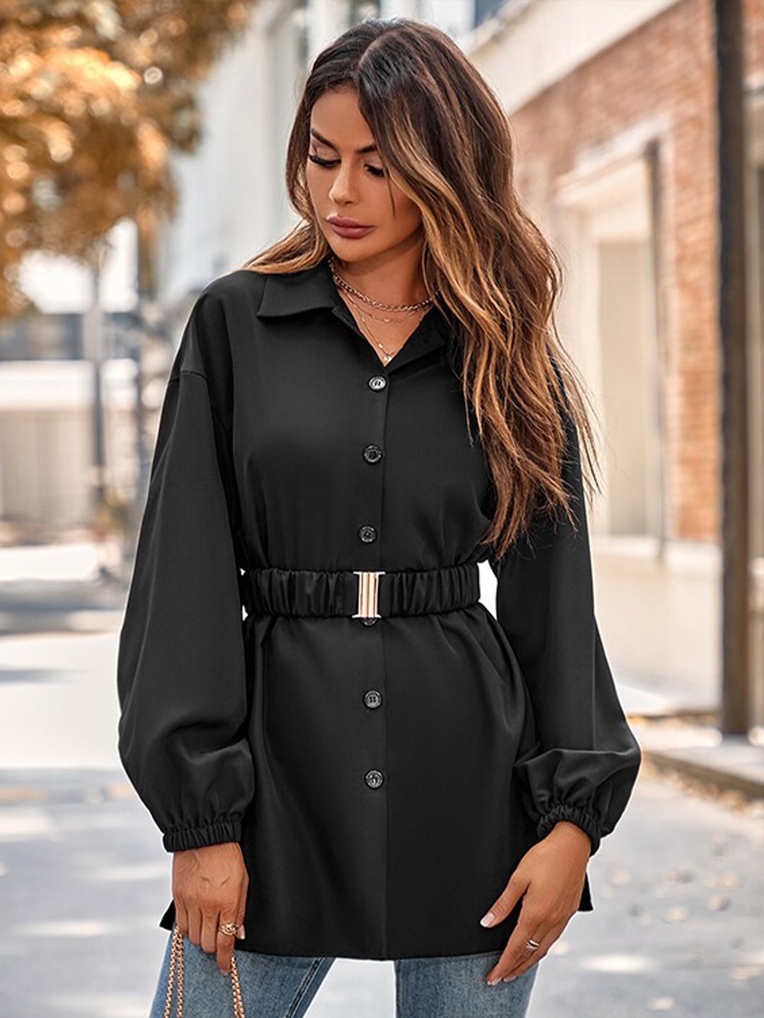 

StyleCast Black Cuffed Sleeves Oversized Casual Shirt