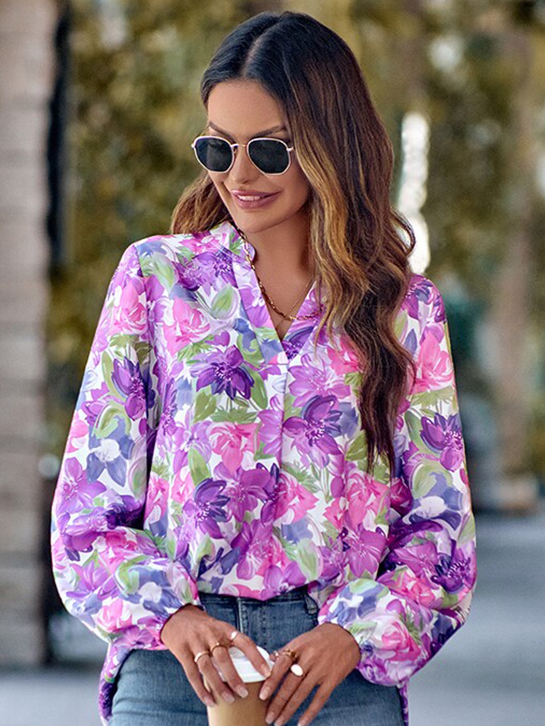 

StyleCast Purple Floral Printed Mandarin Collar Top