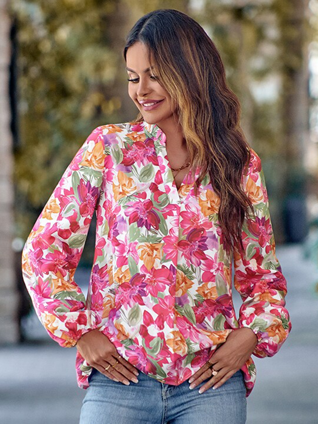 

StyleCast Pink Floral Printed Mandarin Collar Top