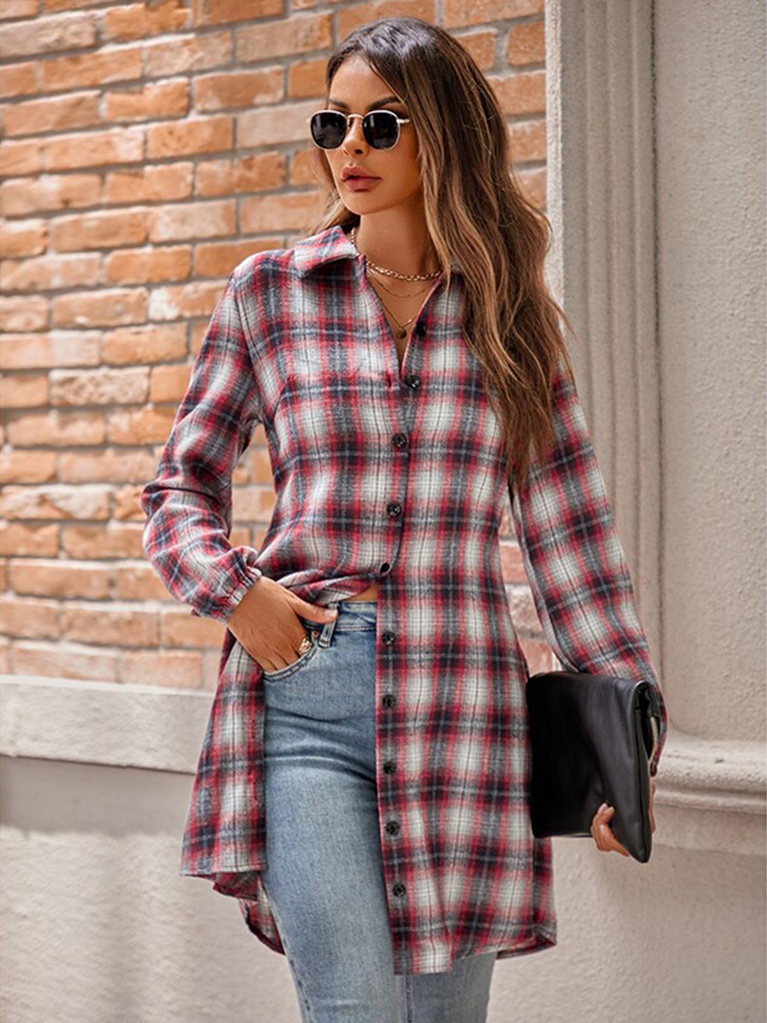 

StyleCast Red & White Gingham Checked Opaque Longline Casual Shirt