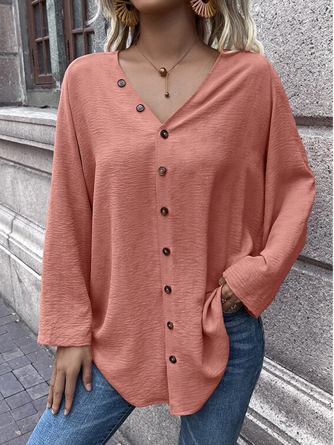 

StyleCast Pink Collarless Opaque Longline Casual Shirt