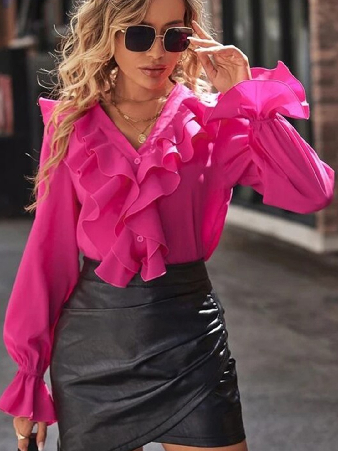 

StyleCast Pink Collarless Puff Sleeves Ruffles Opaque Casual Shirt