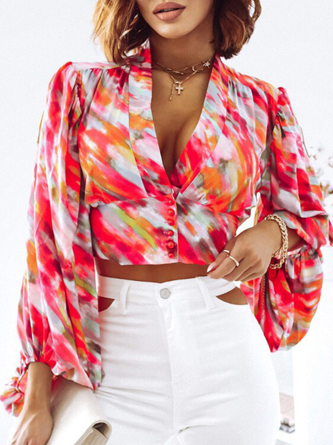 

StyleCast Red & Orange Abstract Printed V-Neck Puff Sleeves Crop Blouson Tops