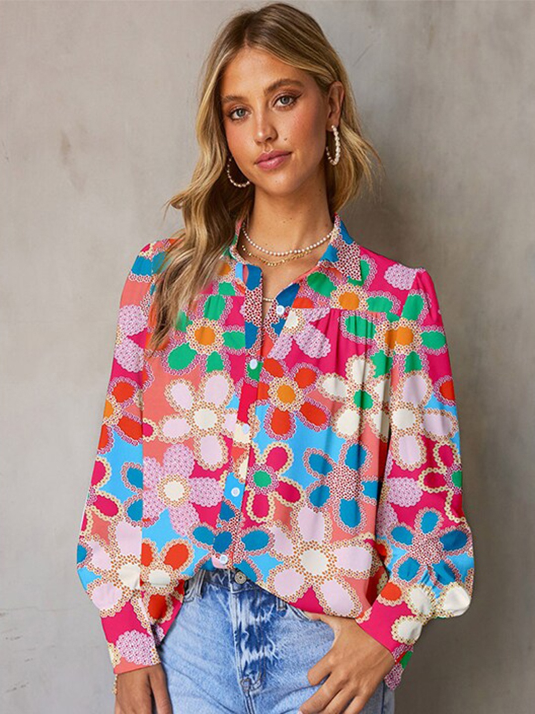 

StyleCast Pink Floral Printed Puff Sleeves Shirt Style Top