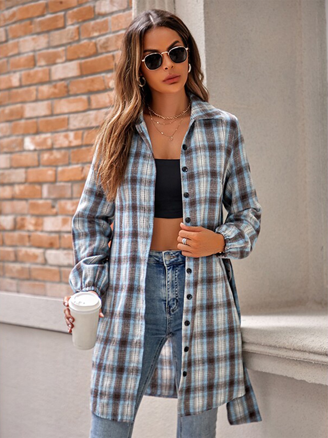 

StyleCast Blue Tartan Checks Spread Collar Longline Casual Shirt