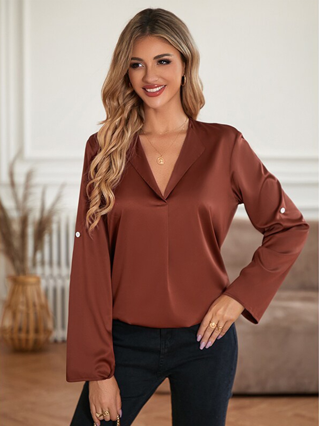 

StyleCast Brown V-Neck Long Sleeves Regular Top