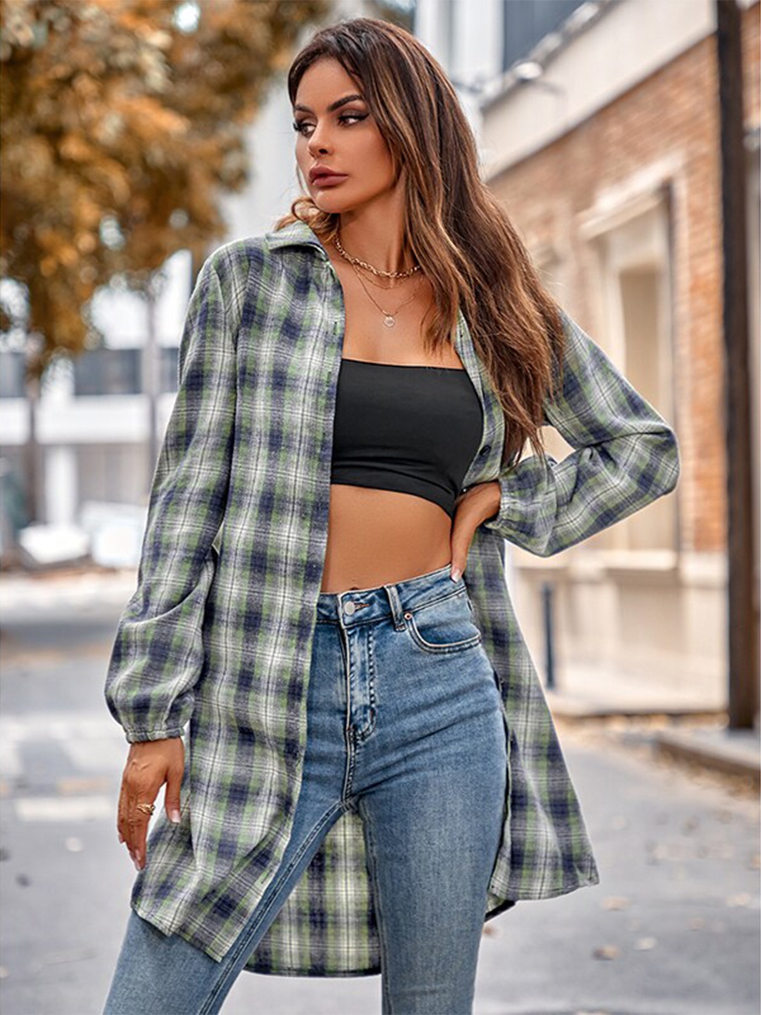 

StyleCast Blue Gingham Checked Spread Collar Casual Shirt