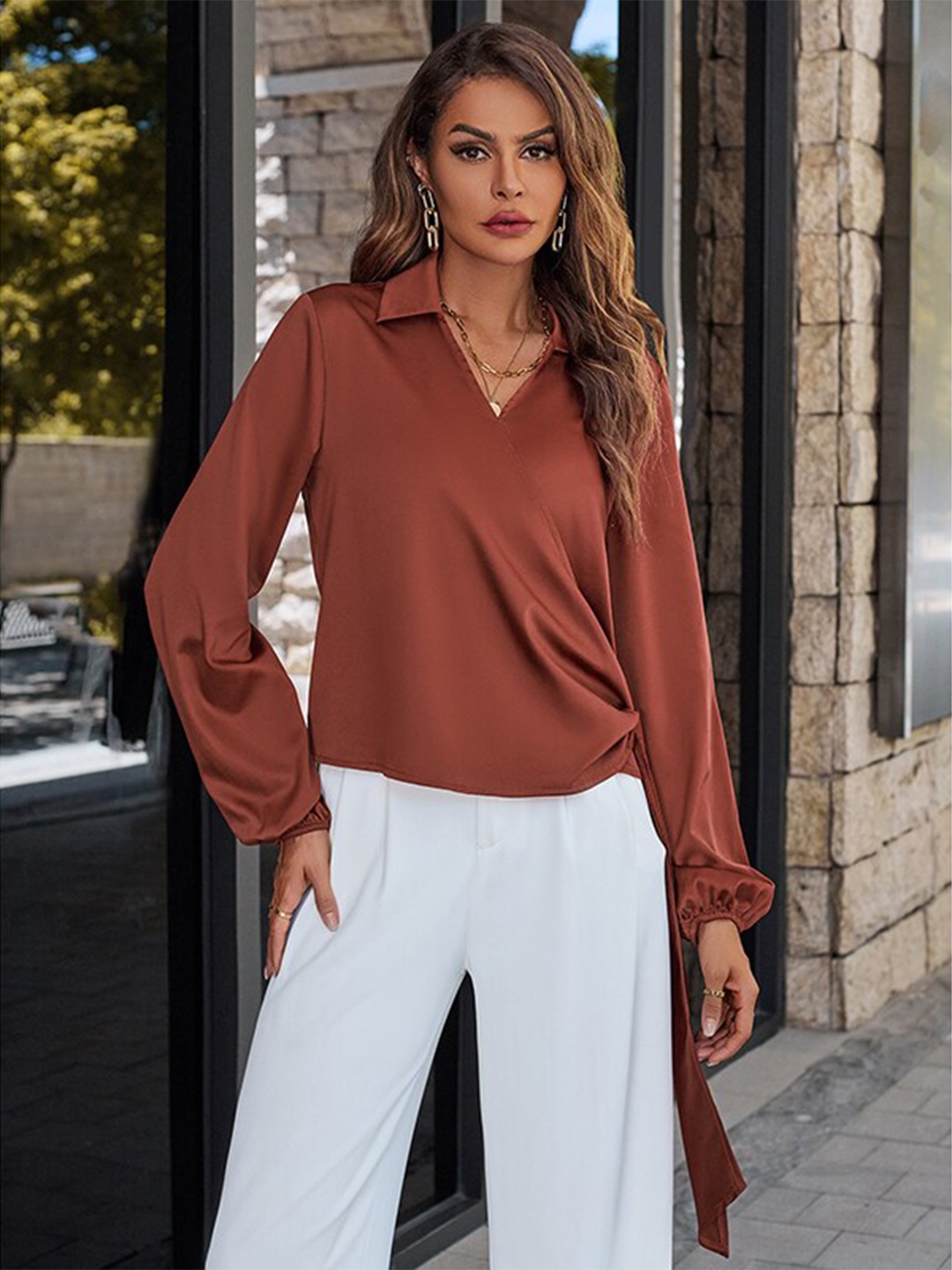 

StyleCast Brown Shirt Collar Puff Sleeves Wrap Top