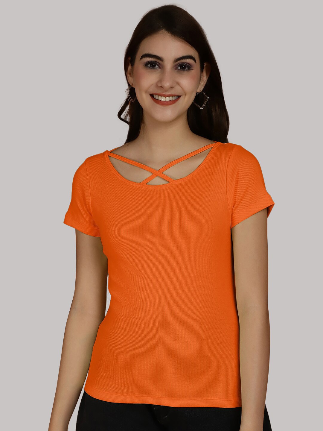 

Friskers Criss Cross Detail Round Neck Short Sleeves Top, Orange