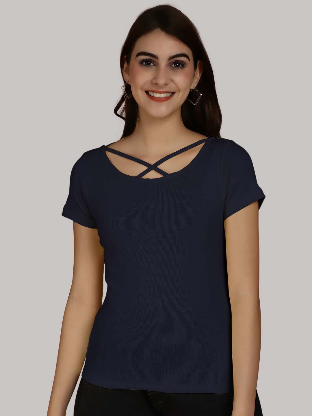 

Friskers Criss-Cross Detail Round Neck Short Sleeves Top, Navy blue