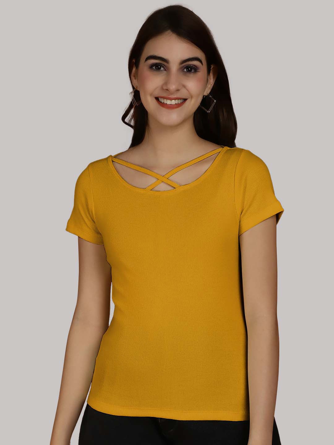 

Friskers Criss-Cross Detail Round Neck Short Sleeves Top, Mustard