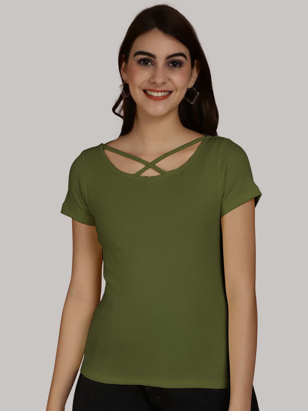 

Friskers Criss-Cross Detail Round Neck Short Sleeves Top, Olive