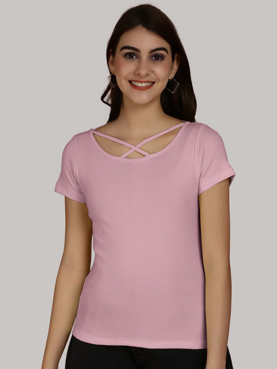 

Friskers Criss-Cross Detail Round Neck Short Sleeves Top, Pink