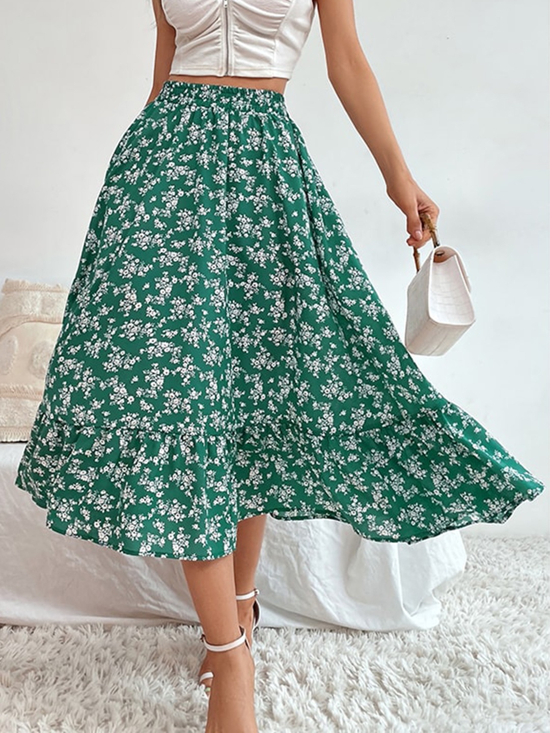 

StyleCast Green Printed A-Line Midi Skirt