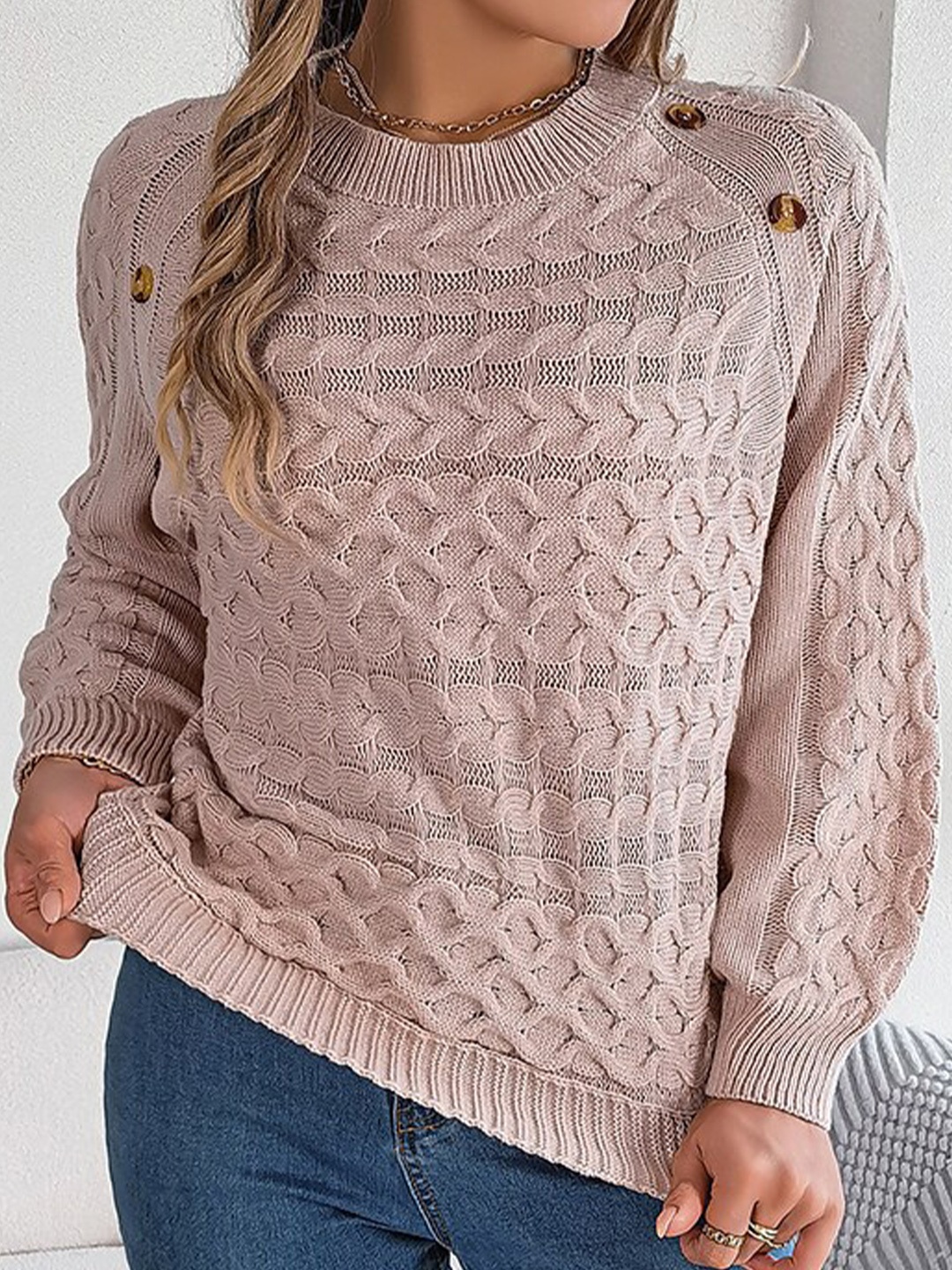 

StyleCast Pink Cable Knit Self Design Acrylic Pullover Sweater