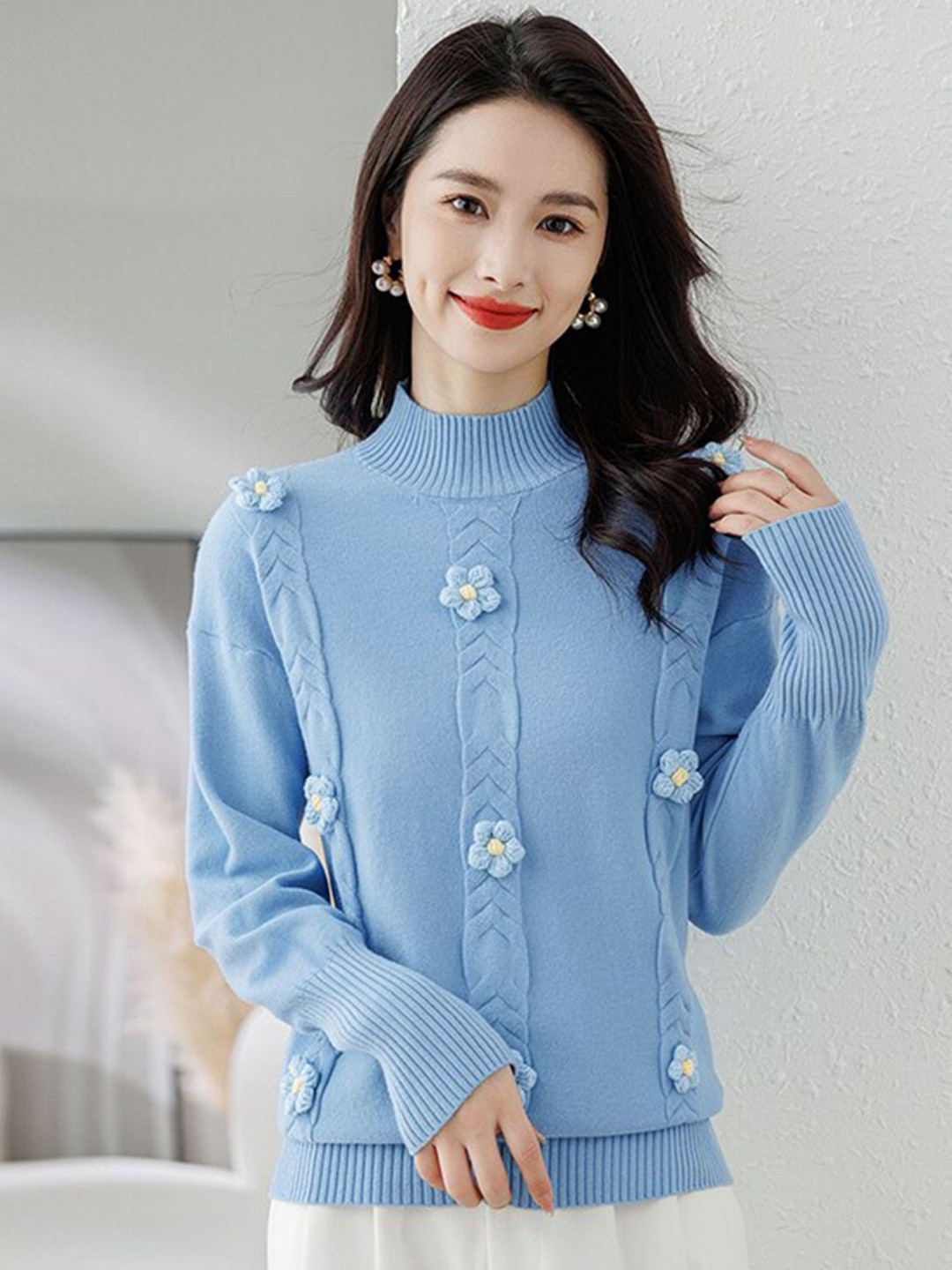 

StyleCast Blue Self Design Pullover with Applique Detail