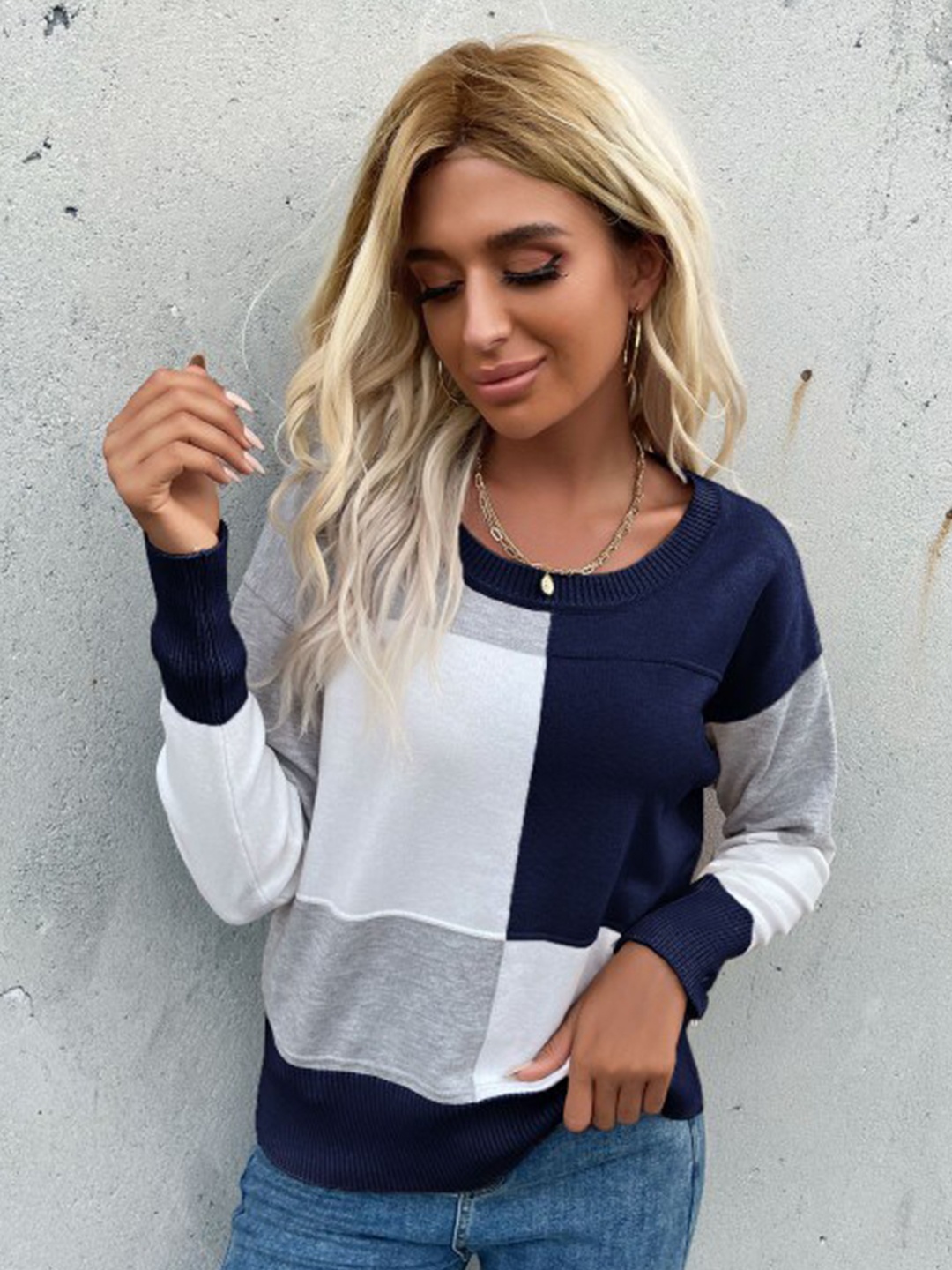 

StyleCast Navy Blue Colourblocked Round Neck Pullover