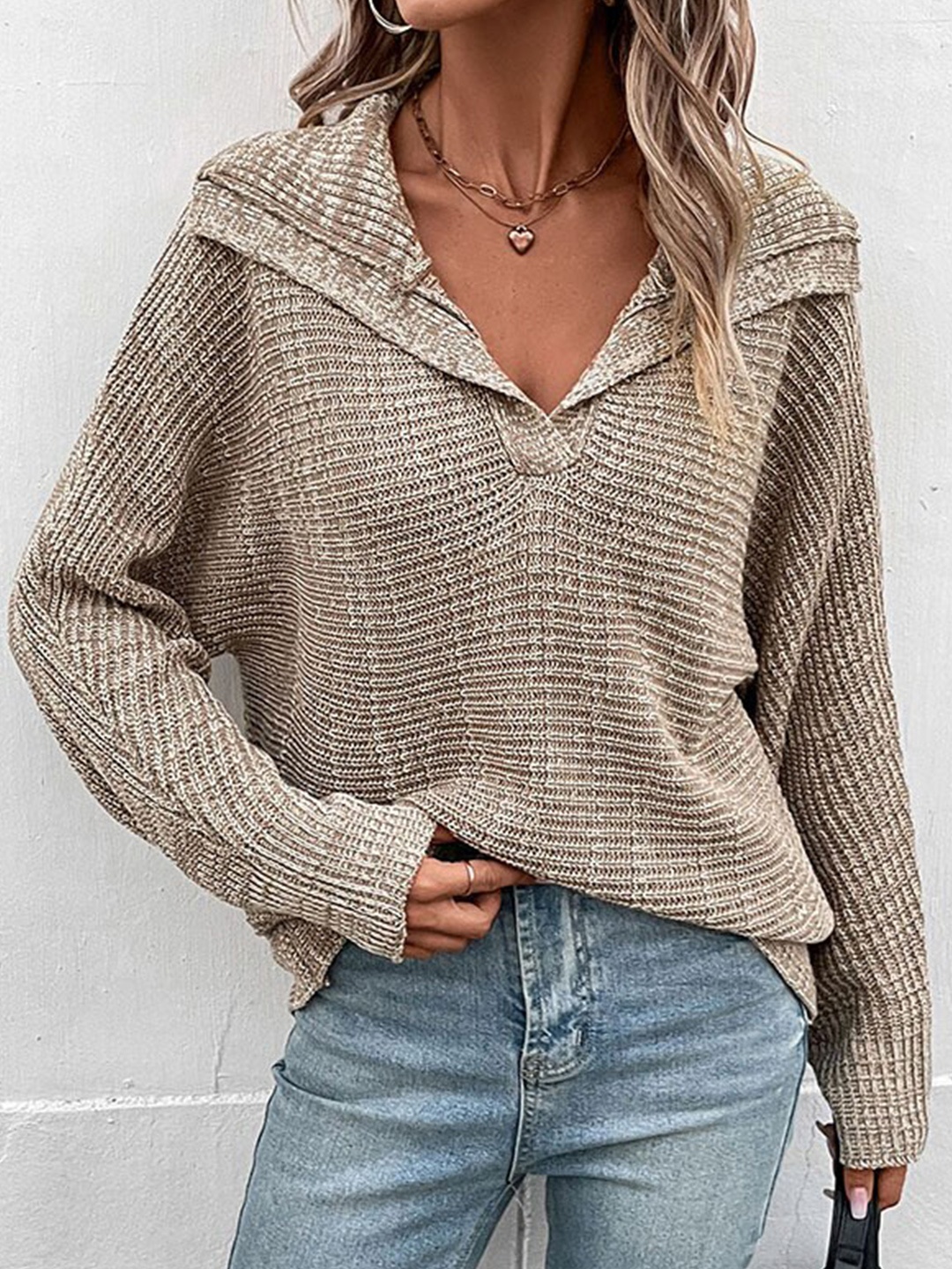 

StyleCast Khaki Shawl Collar Ribbed Acrylic Pullover