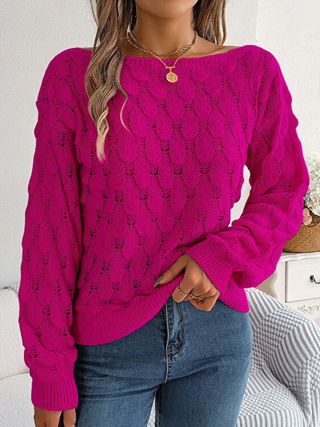 

StyleCast Fuchsia Open Knit Boat Neck Long Sleeves Acrylic Pullover Sweater