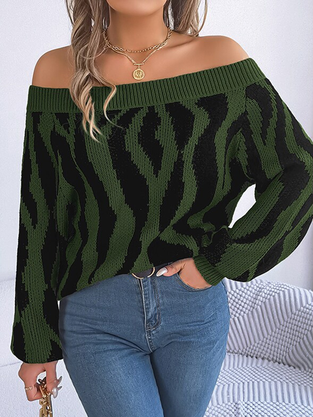 

StyleCast Green Abstract Printed Off-Shoulder Long Sleeves Acrylic Pullover Sweater