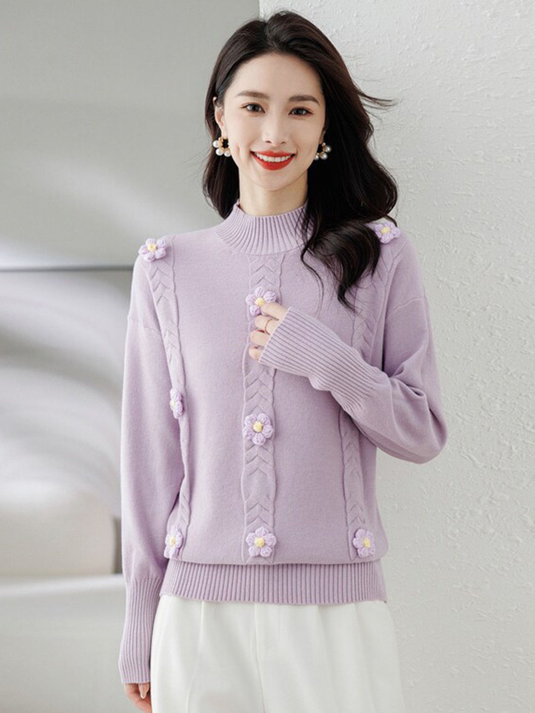 

StyleCast Purple Cable Knit Self Design High Neck Embellished Detailed Pullover