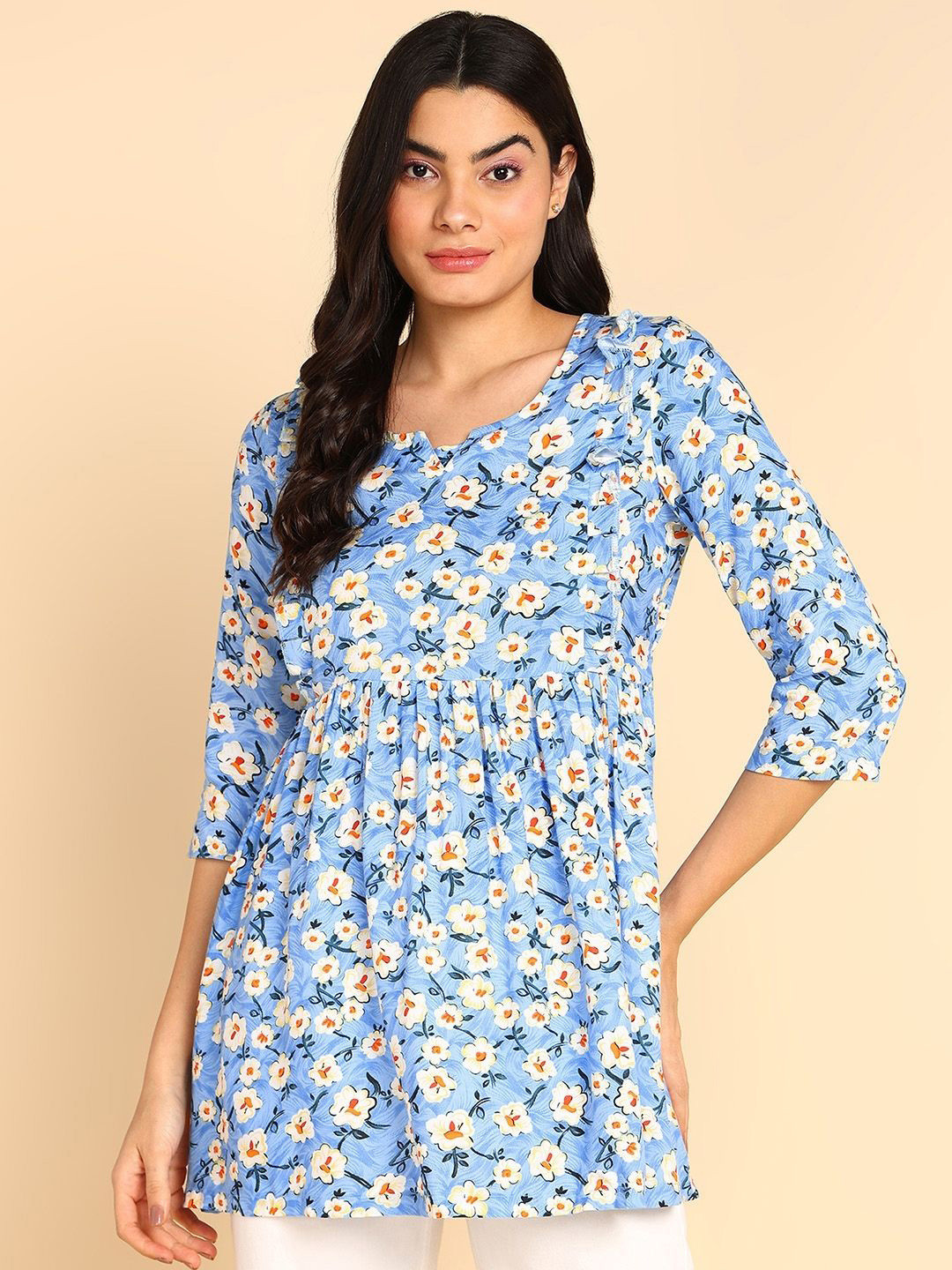 

House Of Zelena Floral Print Three-quarter A-Line Maternity Top, Blue