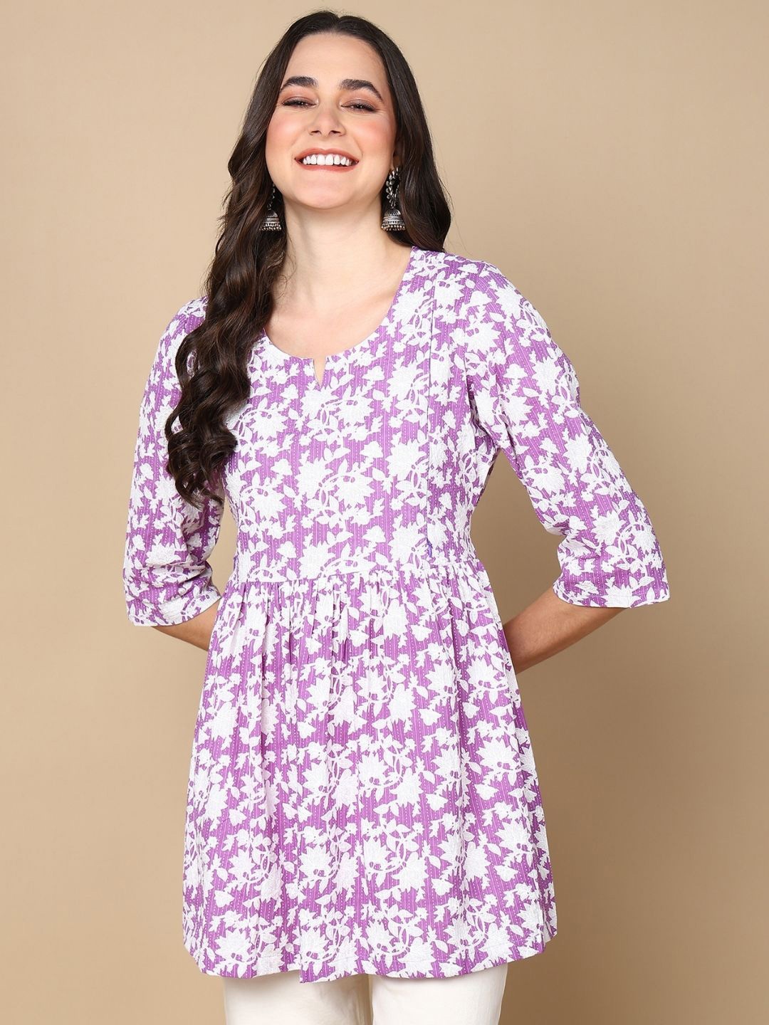 

House Of Zelena Floral Printed Cotton A-Line Maternity Top, Purple
