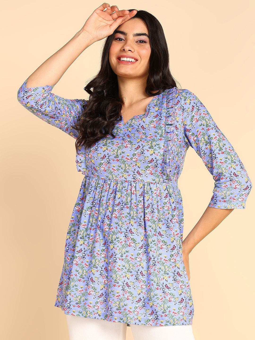 

House Of Zelena Maternity Floral Printed Ruffled Peplum Top, Blue
