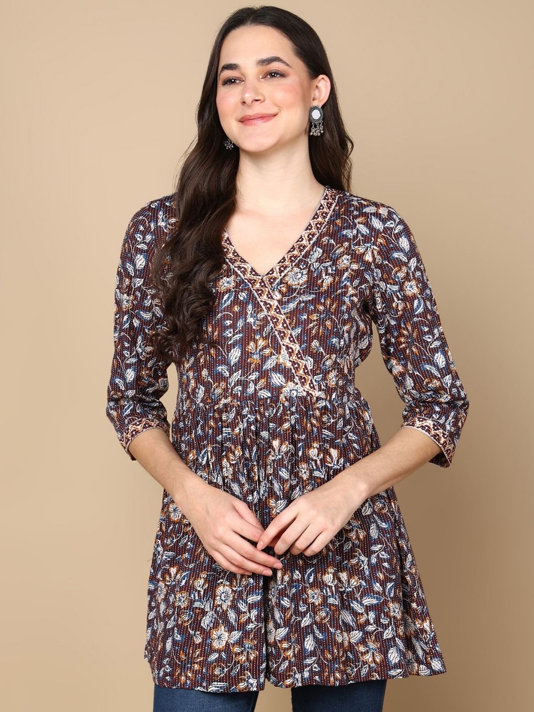 

House Of Zelena Floral Printed Cotton V-Neck Maternity Tunic, Brown