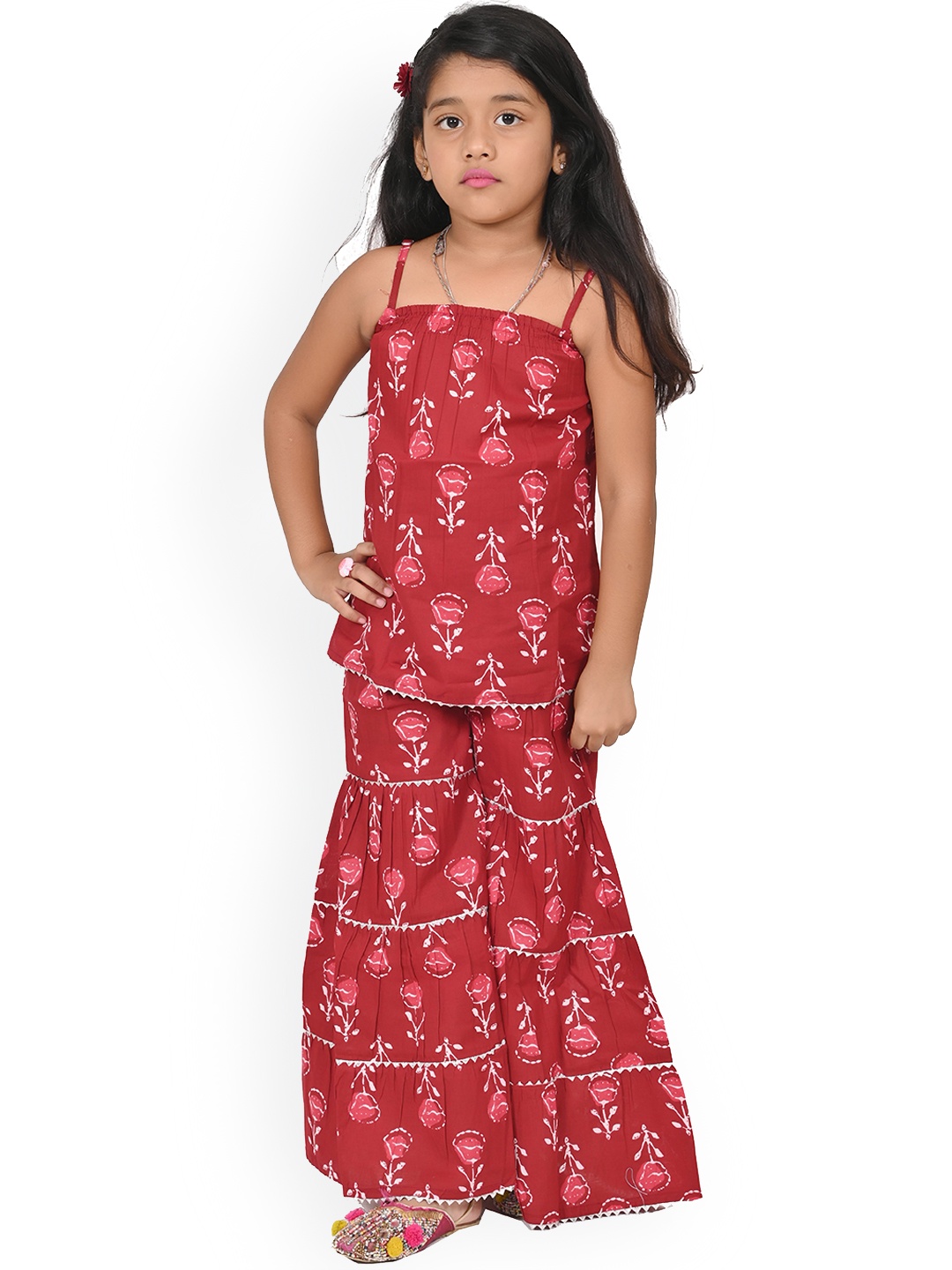 

BAESD Girls Floral Printed Pure Cotton Kurta with Sharara, Maroon