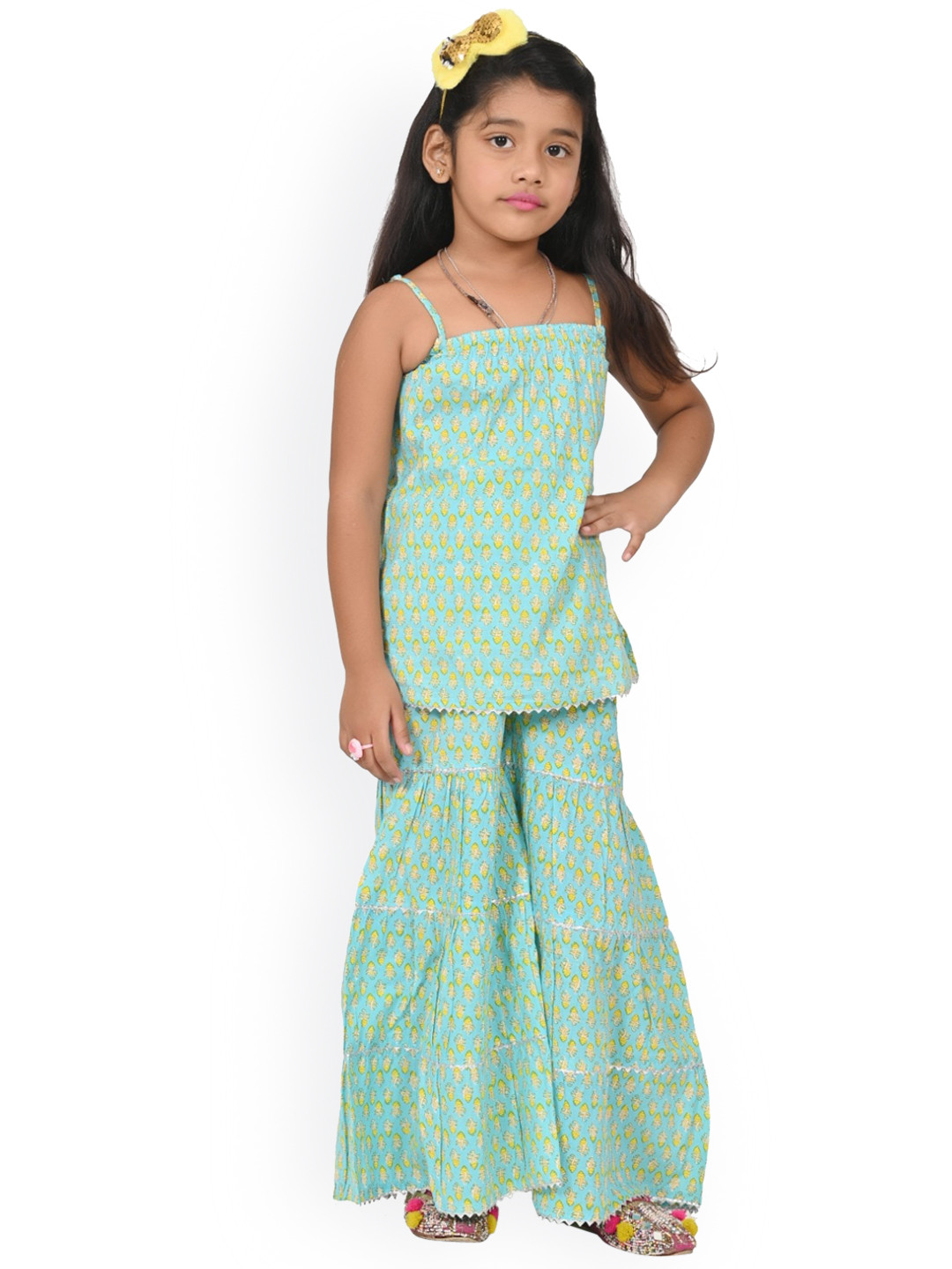 

BAESD Girls Floral Printed Pure Cotton Kurta with Sharara, Turquoise blue