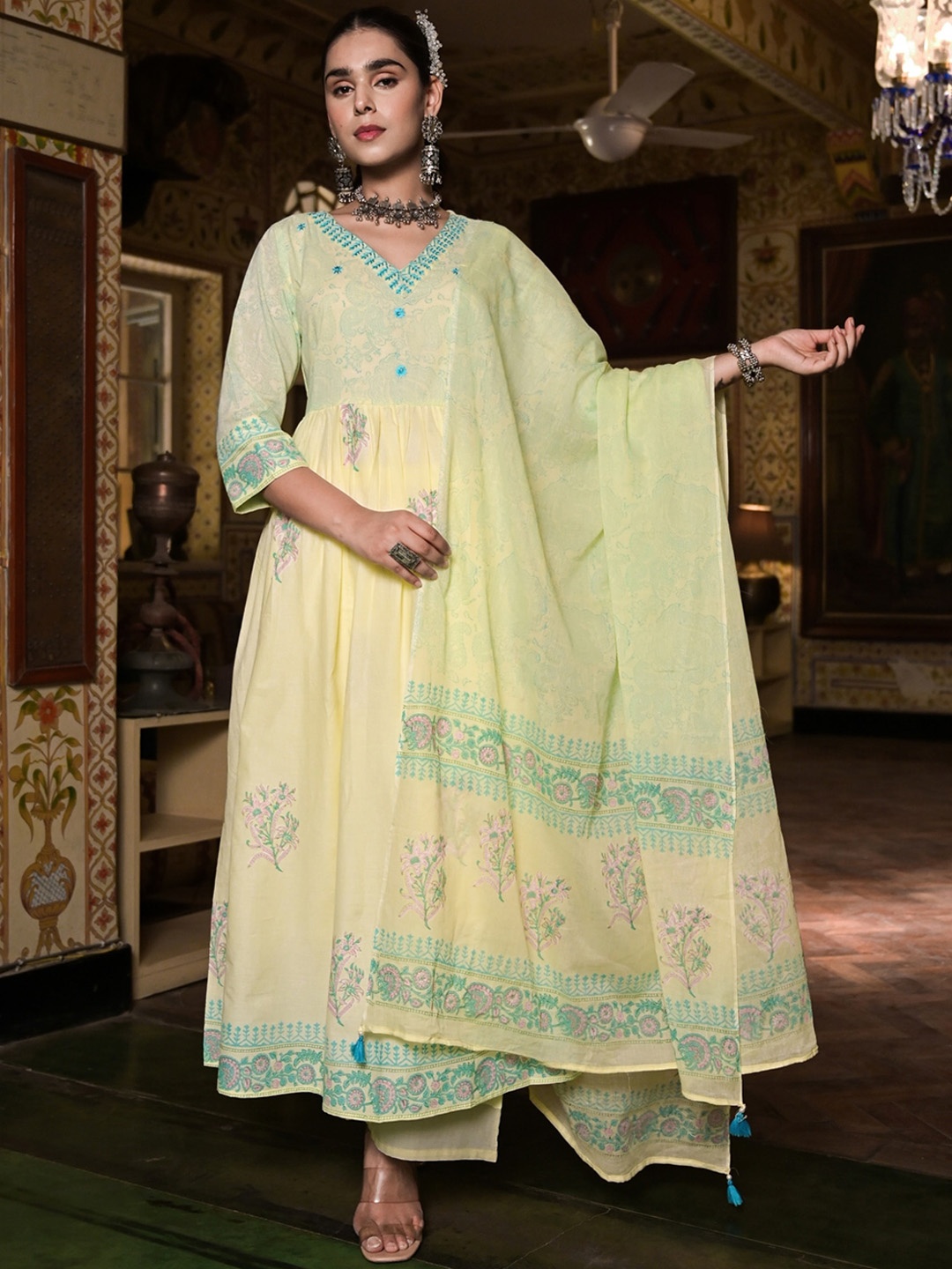 

The Kapas Block Printed Thread Work Anarkali Pure Cotton Kurta with Palazzos & Dupatta, Yellow