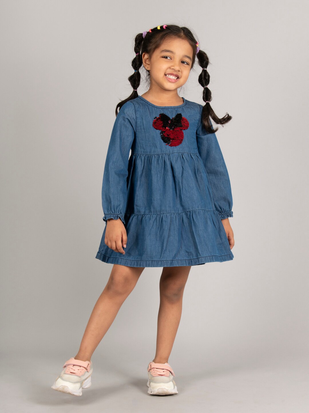 

Zalio Sequinned Puff Sleeves Tiered Cotton Denim A-Line Dress, Navy blue