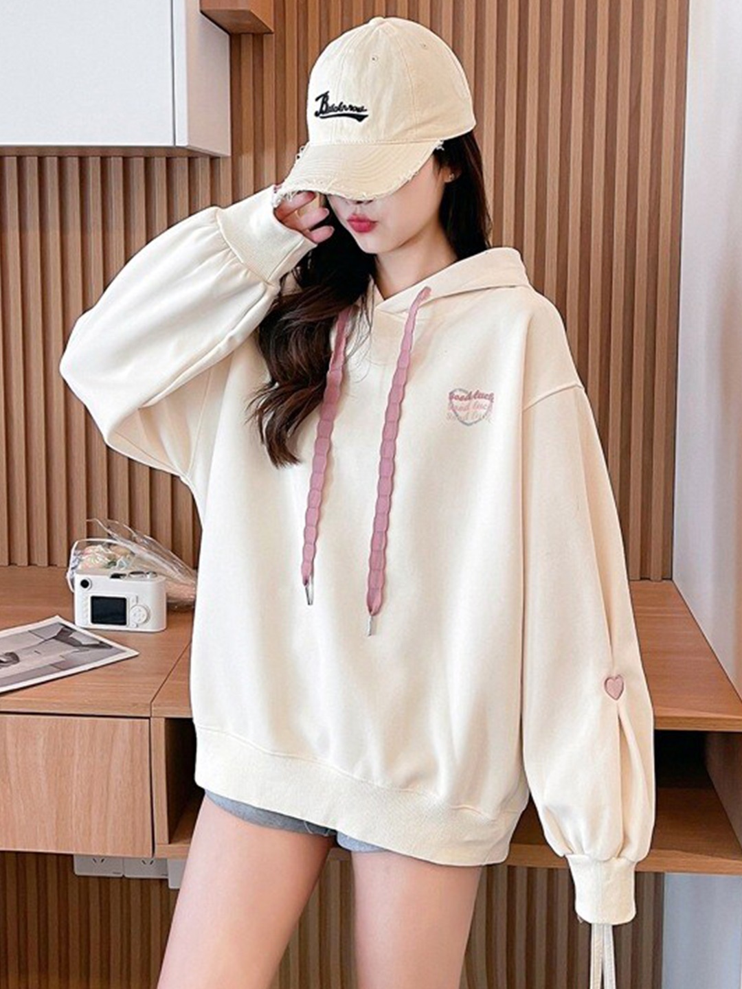 

StyleCast Beige Hooded Longline Cotton Sweatshirt