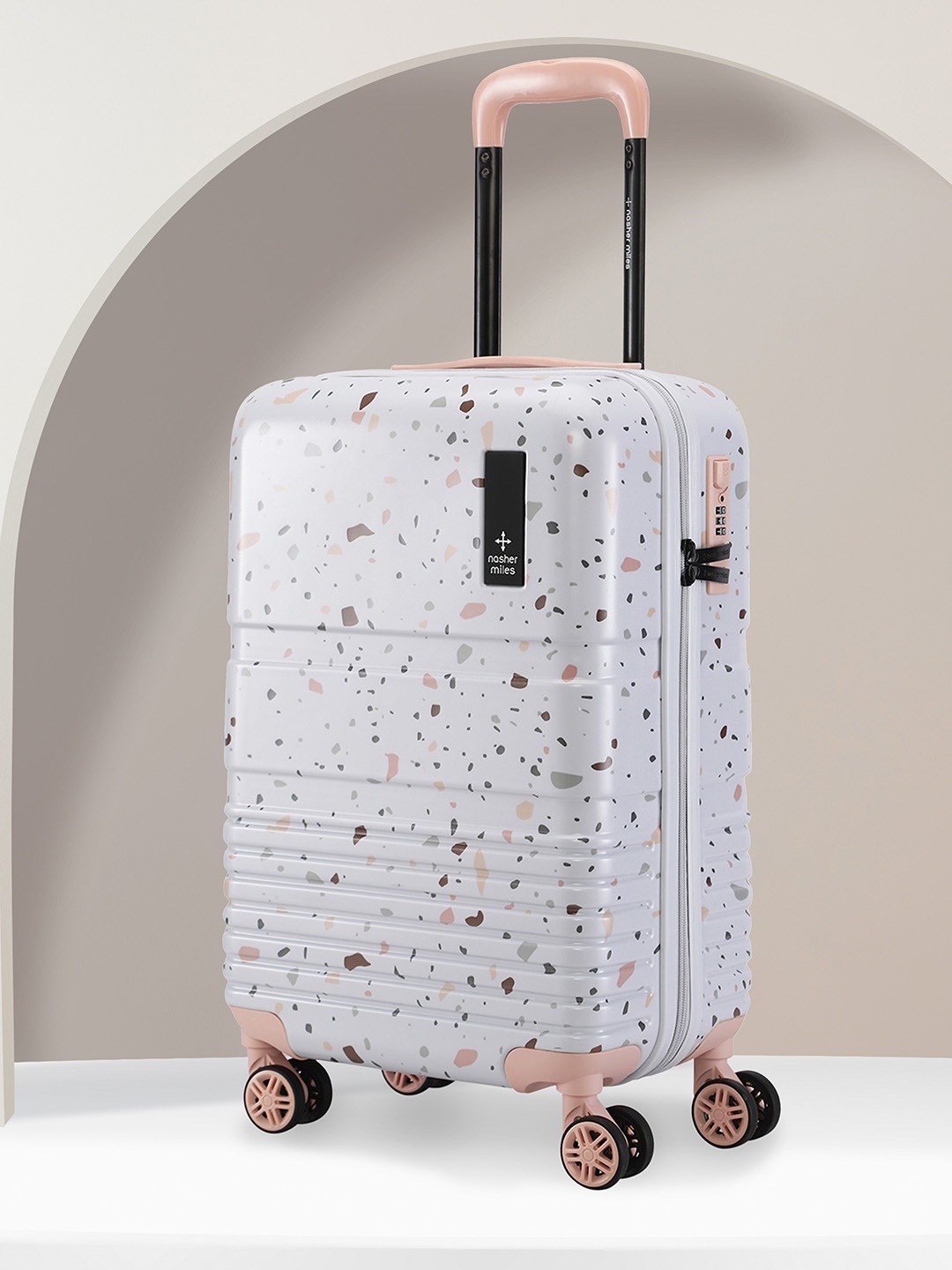 

Nasher Miles Terrazzo Polycarbonate Cabin Pink Trolley Bag - 20 inch (55cm), White