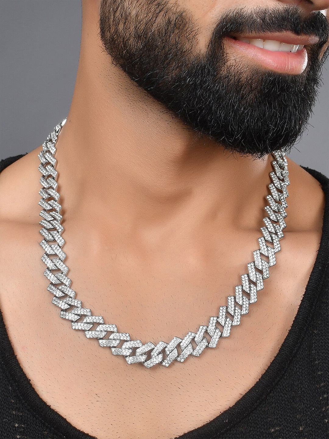 

AQUASTREET Silver-Plated Rhinestone Miami Hiphop Chain Cuban Link Chain