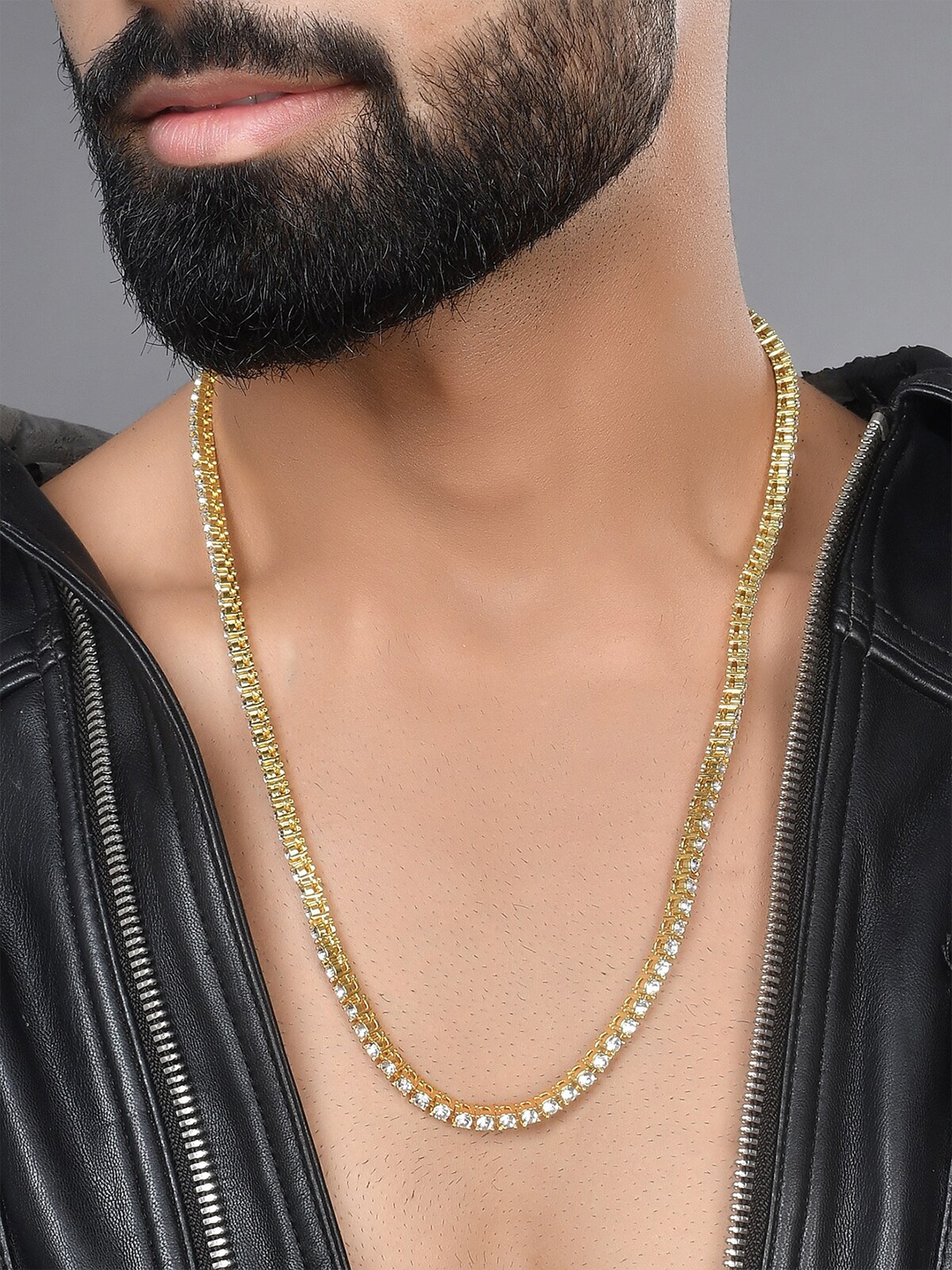

AQUASTREET Men Gold-Plated Hip Hop Rhinestones Studded Cuban Tennis Chain