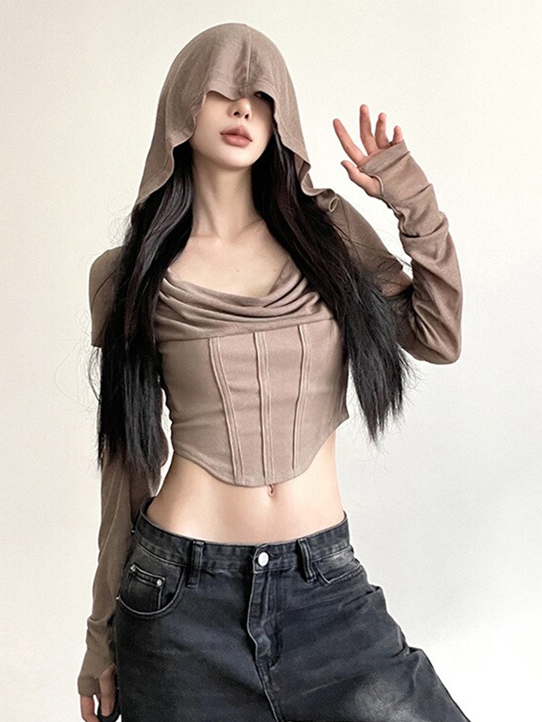 

StyleCast Brown Hooded Fitted Crop Top