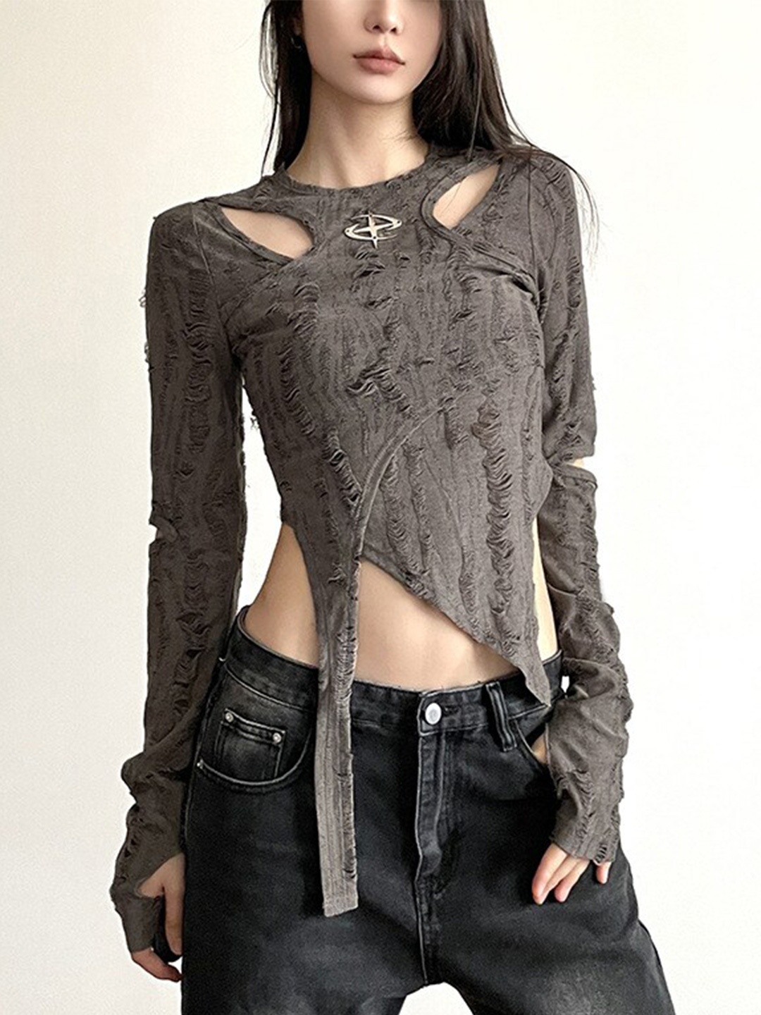 

StyleCast Brown Self Design Cut Out Linen Fitted Top