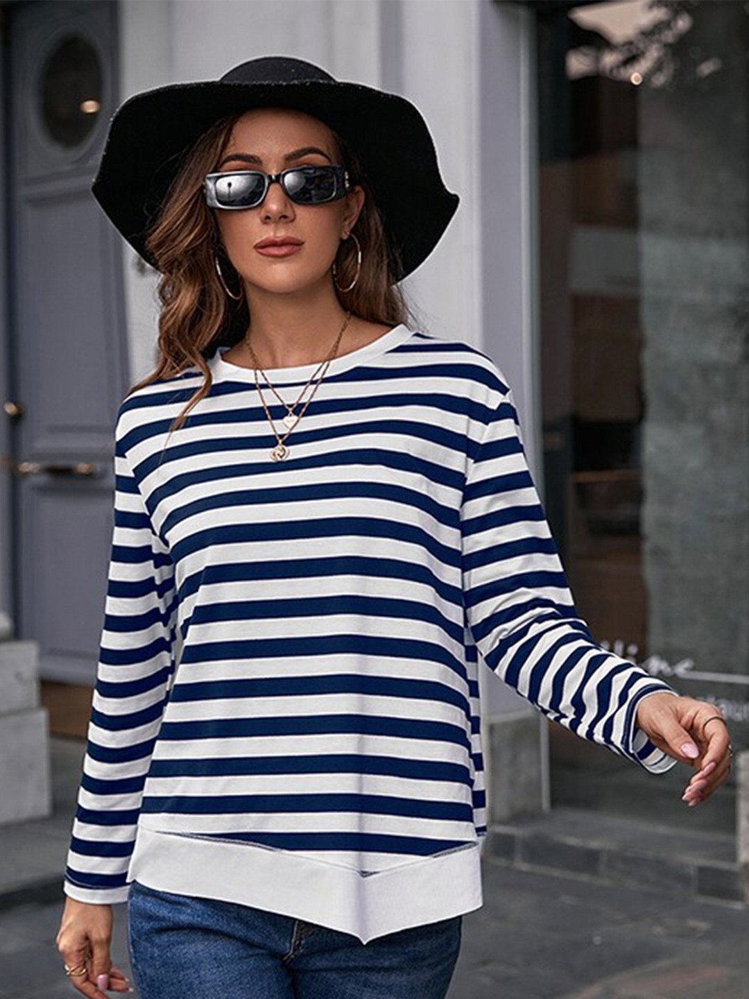

StyleCast Blue Striped Round Neck Cotton Top