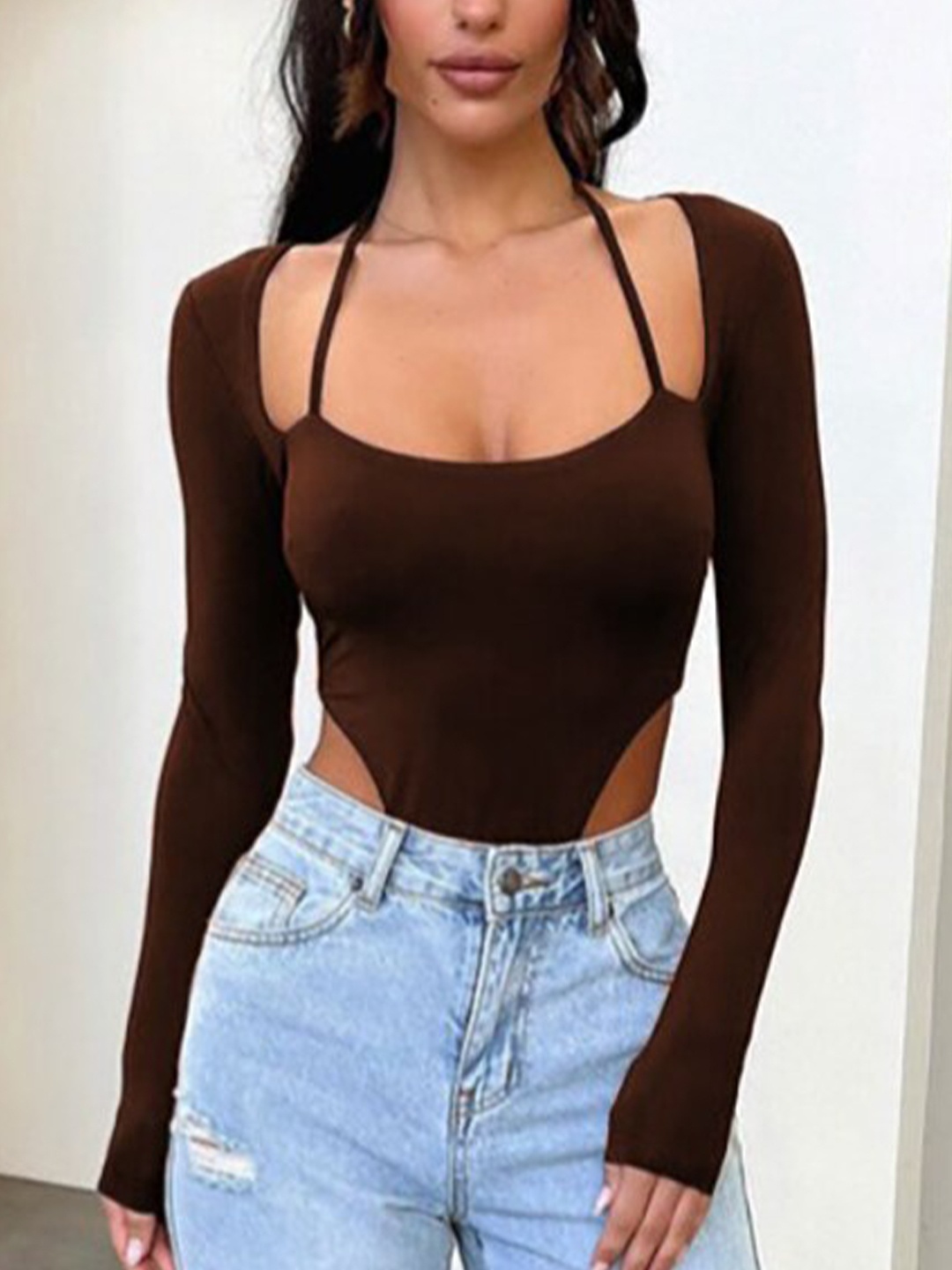 

StyleCast Brown Halter Neck Long Sleeves Crop Top