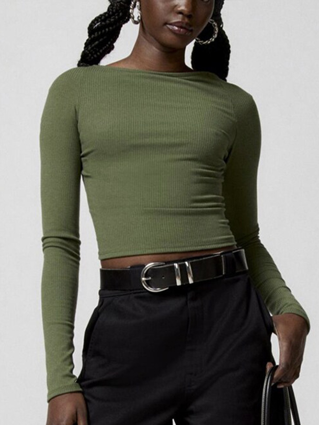 

StyleCast Green Ribbed Raglan Sleeves Fitted Crop Top