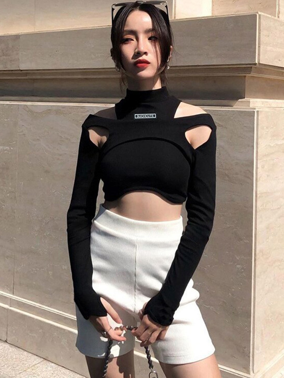 

StyleCast Black High Neck Cotton Georgette Fitted Crop Top